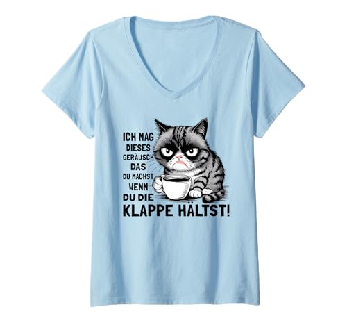 Damen Morgenmuffel Kaffeetrinker Geschenke Lustige Katze Katzen T-Shirt mit V-Ausschnitt von Katzen T Shirt Damen Herren Lustig
