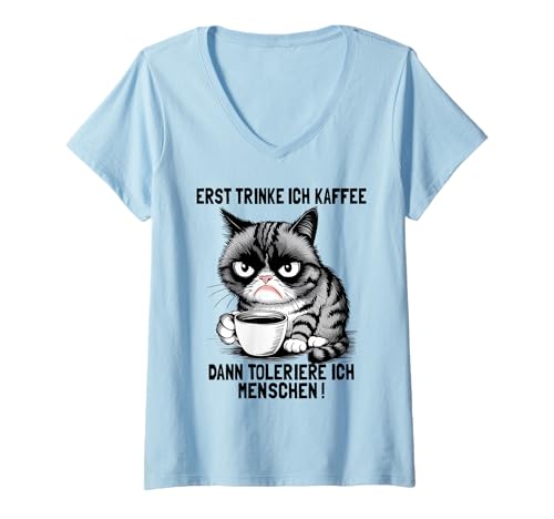 Damen Morgenmuffel Kaffeetrinker Geschenke Lustige Katze Katzen T-Shirt mit V-Ausschnitt von Katzen T Shirt Damen Herren Lustig