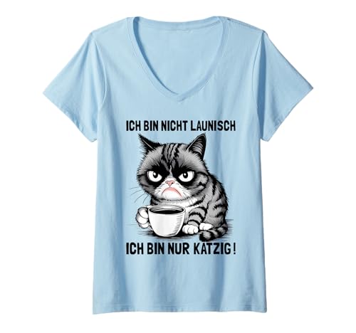 Damen Morgenmuffel Kaffeetrinker Geschenke Lustige Katze Katzen T-Shirt mit V-Ausschnitt von Katzen T Shirt Damen Herren Lustig