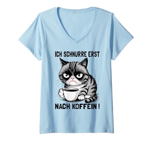 Damen Morgenmuffel Kaffeetrinker Geschenke Lustige Katze Katzen T-Shirt mit V-Ausschnitt von Katzen T Shirt Damen Herren Lustig