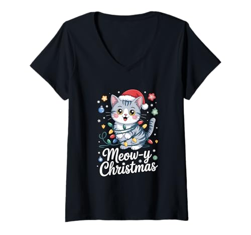 Damen Weihnachten Katze Kätzchen Lichterkette Meow Y Christmas T-Shirt mit V-Ausschnitt Damen Weihnachten Katze Kätzchen Lichterkette Meow Y Christmas T-Shirt mit V-Ausschnitt von Katzen Weihnachten Lustig Kätzchen Lichterkette