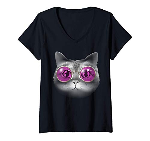 Damen Katze lustige Brille T-Shirt mit V-Ausschnitt Damen Katze lustige Brille T-Shirt mit V-Ausschnitt von Katzen niedliche Kätzchen-Liebhaber-Geschenke