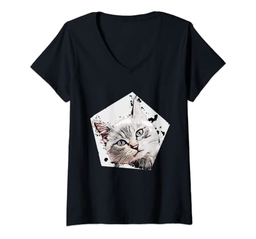 Damen Katzenkopf Katze Katzenrassen Katzen T-Shirt mit V-Ausschnitt Damen Katzenkopf Katze Katzenrassen Katzen T-Shirt mit V-Ausschnitt von Katzenarten Katzenbild Katzenbaby Katzenzeichnung