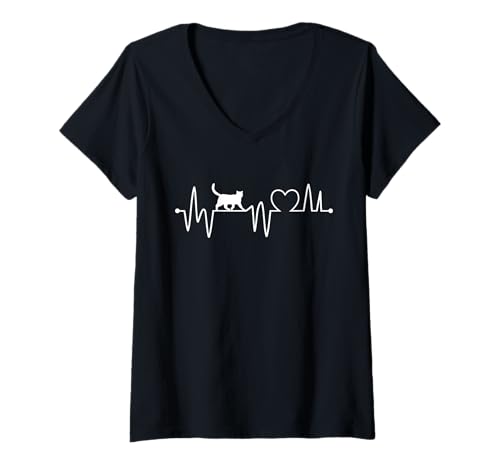 Damen Herzschlag Katzen T-Shirt mit V-Ausschnitt von Katzenbesitzer Katzenliebhaber Katze