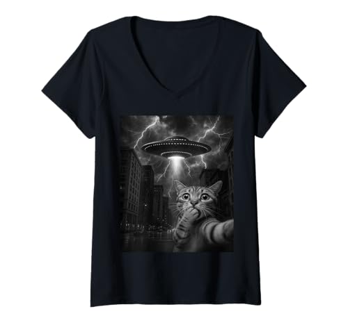 Damen Katze Macht Selfie mit UFO - Katzen Motiv Selfie Alien UFO T-Shirt mit V-Ausschnitt Damen Katze Macht Selfie mit UFO - Katzen Motiv Selfie Alien UFO T-Shirt mit V-Ausschnitt von Katzenbesitzer Zubehör und Ausrüstung Katzen Papa