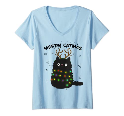 Damen Merry Catmas lustige Christmas Katze im Rentier Kostüm T-Shirt mit V-Ausschnitt Damen Merry Catmas lustige Christmas Katze im Rentier Kostüm T-Shirt mit V-Ausschnitt von Katzendame Geschenk Ugly Cat Design Weihnachten