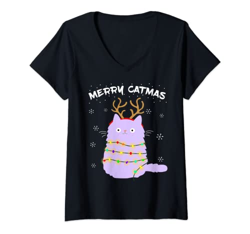 Damen Merry Catmas lustige Christmas Katze im Rentier Kostüm T-Shirt mit V-Ausschnitt Damen Merry Catmas lustige Christmas Katze im Rentier Kostüm T-Shirt mit V-Ausschnitt von Katzendame Geschenk Ugly Cat Design Weihnachten