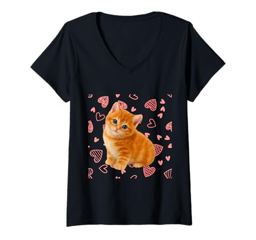 Damen Süße niedliche Katze Herzmuster Katzenliebhaber T-Shirt mit V-Ausschnitt von Katzenfreunde