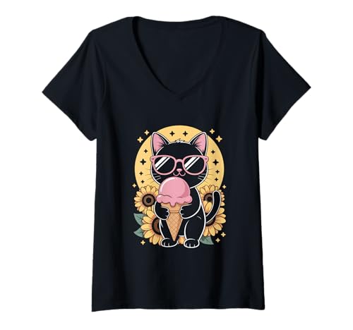 Damen Coole Katze Mit EIS Und Sonnenbrille Sonnenblumen Sommer T-Shirt mit V-Ausschnitt Damen Coole Katze Mit EIS Und Sonnenbrille Sonnenblumen Sommer T-Shirt mit V-Ausschnitt von Katzenliebe Sommer Katze Eis Sonnenblumen Trend