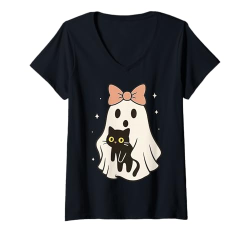 Damen Geist Hält Katze Halloween T-Shirt mit V-Ausschnitt Damen Geist Hält Katze Halloween T-Shirt mit V-Ausschnitt von Katzenliebhaber Geist Halloween Gruselig