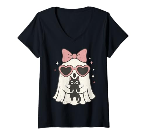 Damen Geist Hält Katze Halloween T-Shirt mit V-Ausschnitt Damen Geist Hält Katze Halloween T-Shirt mit V-Ausschnitt von Katzenliebhaber Geist Halloween Gruselig
