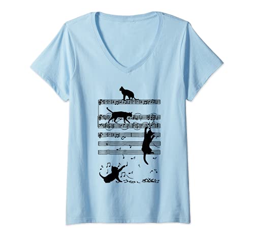 Damen Katzen Musiker Musiknote Sprüche Musikinstrumente T-Shirt mit V-Ausschnitt von Katzenliebhaber Grafiken und Mehr