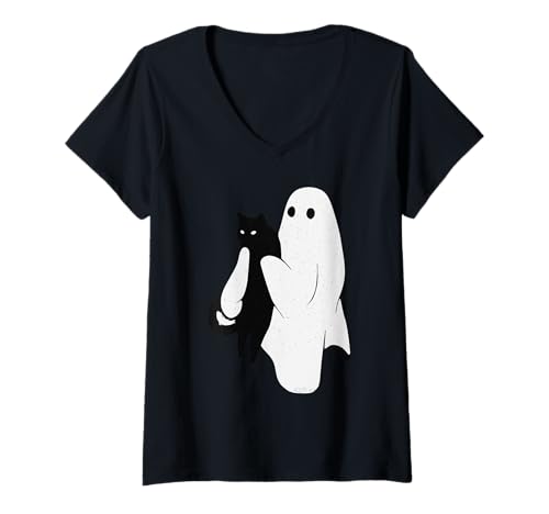 Damen Niedlicher Geist hält Katze, lustiges Halloween Goth T-Shirt mit V-Ausschnitt Damen Niedlicher Geist hält Katze, lustiges Halloween Goth T-Shirt mit V-Ausschnitt von Katzenliebhaber Halloween Geschenke