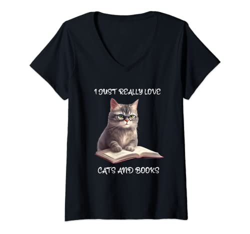 Damen Katzen und Bücher Spruch Mädchen Lesen Katze T-Shirt mit V-Ausschnitt Damen Katzen und Bücher Spruch Mädchen Lesen Katze T-Shirt mit V-Ausschnitt von Katzenliebhaber Und Bücher Geschenk