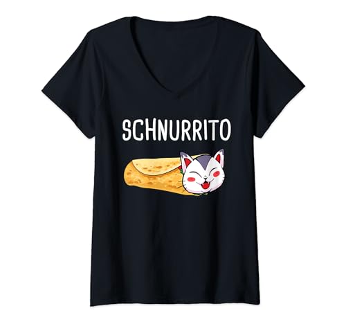 Damen Schnurrito Katze Burrito Katzen Geschenk T-Shirt mit V-Ausschnitt von Katzenliebhaber & Besitzer Spruch