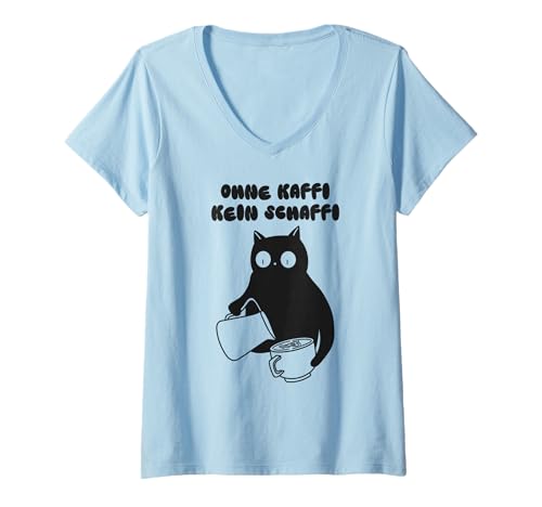 Damen Ohne Kaffi Kein Schaffi - Lustige Kaffee Katze T-Shirt mit V-Ausschnitt Damen Ohne Kaffi Kein Schaffi - Lustige Kaffee Katze T-Shirt mit V-Ausschnitt von Katzenliebhaber & Kaffeetrinker
