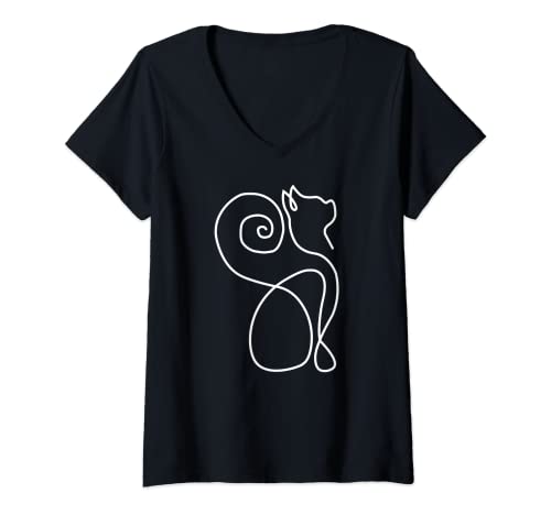 Damen Katzenmotiv Geschenk Katzenliebhaber Line Art Katzenbesitzer T-Shirt mit V-Ausschnitt Damen Katzenmotiv Geschenk Katzenliebhaber Line Art Katzenbesitzer T-Shirt mit V-Ausschnitt von Katzenmama Motiv gemalte Katze für Katzen Fans