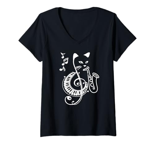 Damen Jazz Katze Saxophon Klavier Notenschlüssel Musikspaß T-Shirt mit V-Ausschnitt von Katzenmusik Fans Und Jazzliebhaber