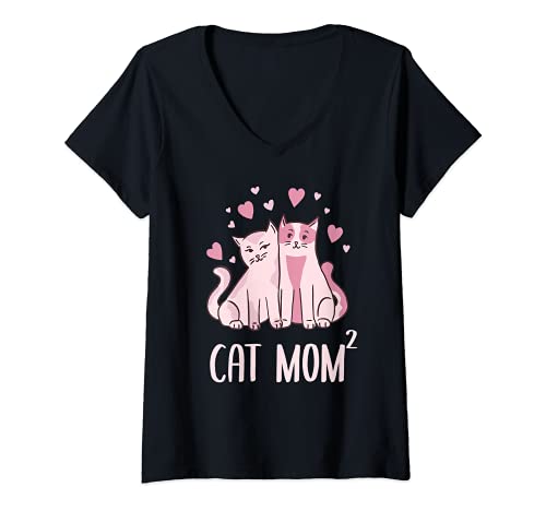 Damen Katzenmama mit 2 Katzen Frau mit Katze T-Shirt mit V-Ausschnitt Damen Katzenmama mit 2 Katzen Frau mit Katze T-Shirt mit V-Ausschnitt von Katzenmutter mit zwei Katzen Geschenke für Frauen