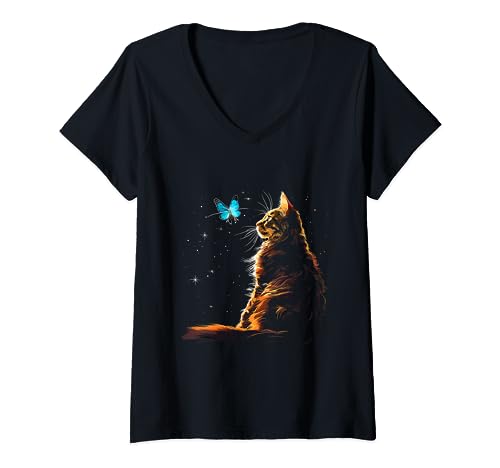Damen Maine Coon Katze Geschenk für Katzenliebhaber T-Shirt mit V-Ausschnitt Damen Maine Coon Katze Geschenk für Katzenliebhaber T-Shirt mit V-Ausschnitt von Katzenshirt für Katzenfan Frauen