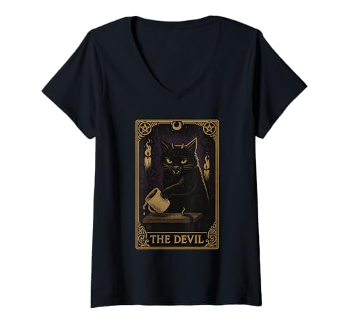 Damen Tarot Katze The Devil - für Introvertierte & Katzenfans T-Shirt mit V-Ausschnitt Damen Tarot Katze The Devil - für Introvertierte & Katzenfans T-Shirt mit V-Ausschnitt von Katzentarot von Mysticcat