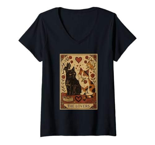 Damen Tarot Katze The Lovers - für Introvertierte & Katzenfans T-Shirt mit V-Ausschnitt Damen Tarot Katze The Lovers - für Introvertierte & Katzenfans T-Shirt mit V-Ausschnitt von Katzentarot von Mysticcat