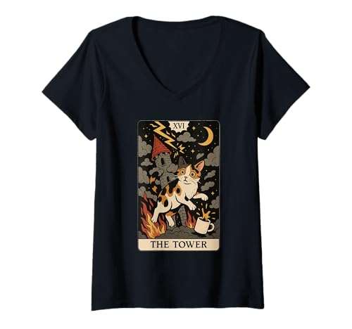 Damen Tarot Katze The Tower - für Introvertierte & Katzenfans T-Shirt mit V-Ausschnitt Damen Tarot Katze The Tower - für Introvertierte & Katzenfans T-Shirt mit V-Ausschnitt von Katzentarot von Mysticcat