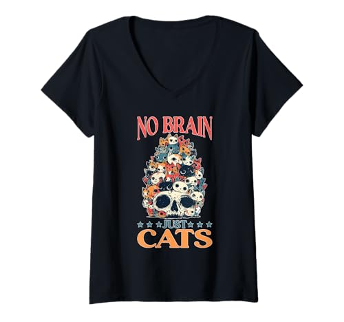 Damen No Brain Just Cats Katzentiere Denken Haustier Denken T-Shirt mit V-Ausschnitt Damen No Brain Just Cats Katzentiere Denken Haustier Denken T-Shirt mit V-Ausschnitt von Katzenüberlastung schnurrend Verstand