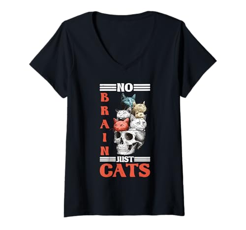 Damen No Brain Just Cats Katzentiere Denken Haustier Denken - T-Shirt mit V-Ausschnitt Damen No Brain Just Cats Katzentiere Denken Haustier Denken - T-Shirt mit V-Ausschnitt von Katzenüberlastung schnurrend Verstand