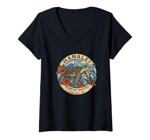 Damen Hanalei Meeresschildkröte Kauai Hawaii Urlaub Hawaiian Tropical T-Shirt mit V-Ausschnitt Damen Hanalei Meeresschildkröte Kauai Hawaii Urlaub Hawaiian Tropical T-Shirt mit V-Ausschnitt von Kauai Hanalei Sea Turtle Tee Hawaiian Surf