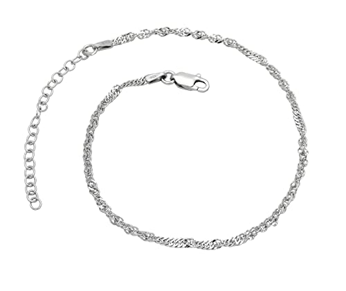 Damen Fußkettchen Singapurkette 925 Sterling Silber rhodiniert 2,4mm breit 21-26 cm lang Fußkette Armkette Anklet nickelfrei anlaufgeschützt von Kauf-mich-weg