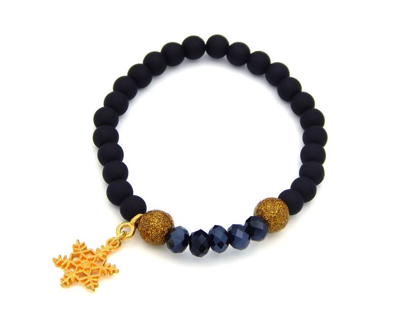 Damen Armband Perlenarmband Schwarz Aus Acryl - Und Facettperlen 6mm Breit Mit Glitzerperlen Anhänger Schneeflocke Gold Elastisch von KaufmichwegbyBellaT