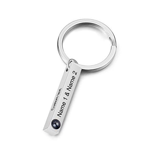 kaululu Personalisiert Fotoprojektion Schlüsselanhänger mit Foto 4 Namen Gravur für Damen Herren Bar Anhänger Keychain Geschenk für Weihnachten Valentinstag Geburtstag Silber von kaululu