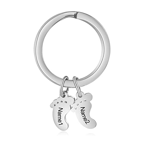 kaululu Personalisierte Fußsohlen Schlüsselanhänger mit Namen Edelstahl Keychain Schlüsselbund Geschenke Geschenk für Familie Eltern Kinder Silber 2 Namen von kaululu