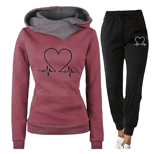 Kavitoz Heartbeat Jogginganzug Damen, Jogger Set Baumwolle Hausanzug 2-Teilig Sportanzug Freizeitanzug Freizeit Xxl Jogginganzug Winter Elegant Tracksuit Kurzgröße Sport von Kavitoz