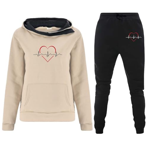 Kavitoz Heartbeat Print Jogginganzug Damen Herbst Winter Gefütterte 2 Teiler Hoodie Kuschelig Freizeit Langarm Sportanzug Hausanzug Elegant Y2K Trainingsanzug Solid Fitness Zweiteiler von Kavitoz