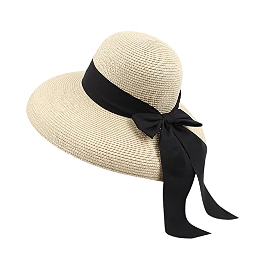 Kavitoz Sonnenhut Damendamen Strohhut Sommerhut Faltbarer Strandhut Mit Schleife Breite Krempe Strohhut Damen Sonnenhut Visor Sommer Strand-Kappe Bowknot Schirmmütze Tennis Cap Faltbar von Kavitoz