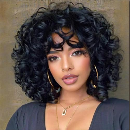 Kavsni Kurze lockige Perücken für schwarze Frauen, lockig, groß, schwarz, weich, mit Pony, Afro Kinky, Locken, hitzebeständig, synthetisch, natürlich aussehend von Kavsni