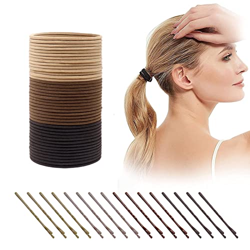 Kavya 100 Stück Haargummi Damen (3 Farben), 20 Haarnadeln (4 Farben) Bobby Pins, Ohne Metall Klein Elastische Dünne Haargummis Mädchen Pferdeschwanz Haarschmuck-A von Kavya