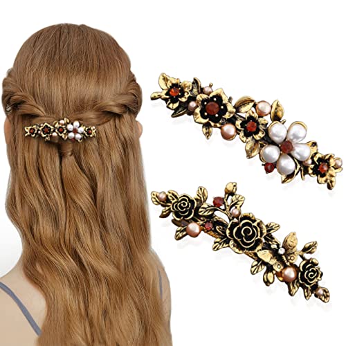 Kavya Automatische Haarspangen Damen Dünnes Haar, 2 Stück Französische Vintage Haarspange Groß Metall Blume Mode Kristall Perle Flower Hair Clip, Haarklammer Groß Dickes Haar Blume Haarschmuck von Kavya