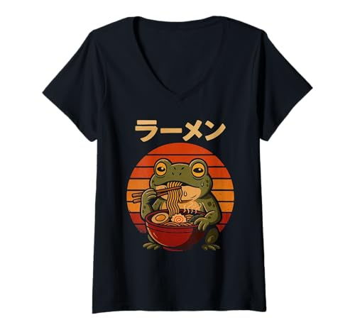 Damen Anime Frosch Ramen Nudeln Japanische Lustige Grafik Retro 90er Jahre T-Shirt mit V-Ausschnitt Damen Anime Frosch Ramen Nudeln Japanische Lustige Grafik Retro 90er Jahre T-Shirt mit V-Ausschnitt von Kawai ramen noodles frog shirts