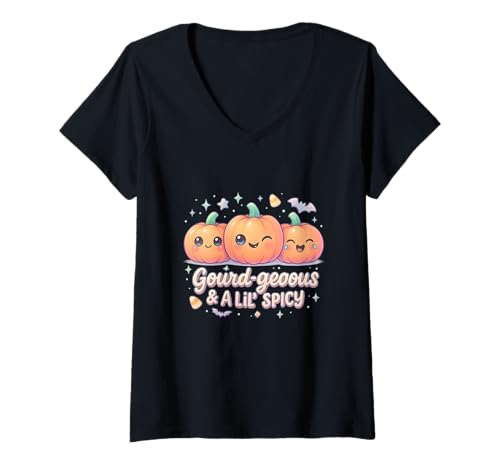 Damen Kawaii Kürbis Herbst Halloween Gourd-geous & A Lil' Spicy T-Shirt mit V-Ausschnitt Damen Kawaii Kürbis Herbst Halloween Gourd-geous & A Lil' Spicy T-Shirt mit V-Ausschnitt von Kawaii Aesthetic Apparel Co.