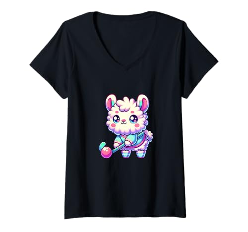 Damen Alpaka Lama Hockey Niedlich Chibi Eishockey Fan T-Shirt mit V-Ausschnitt von Kawaii Alpaka Hockey Lama Niedlich Eishockey