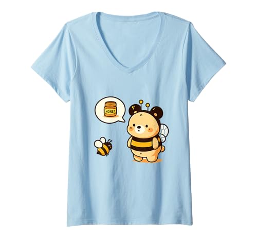 Damen Süßer Bär als Biene Verkleidet und Denkt an Honig T-Shirt mit V-Ausschnitt Damen Süßer Bär als Biene Verkleidet und Denkt an Honig T-Shirt mit V-Ausschnitt von Kawaii Animal Mashup Apparel for Bee and Honey