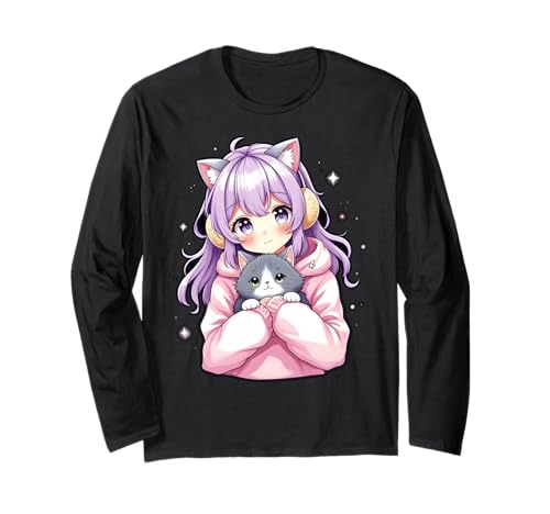 Anime Kawaii Mädchen mit Katze Langarmshirt von Kawaii Anime Girl Cosplay Outfits Present