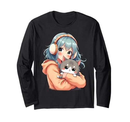 Anime Kawaii Mädchen mit Katze Langarmshirt von Kawaii Anime Girl Cosplay Outfits Present
