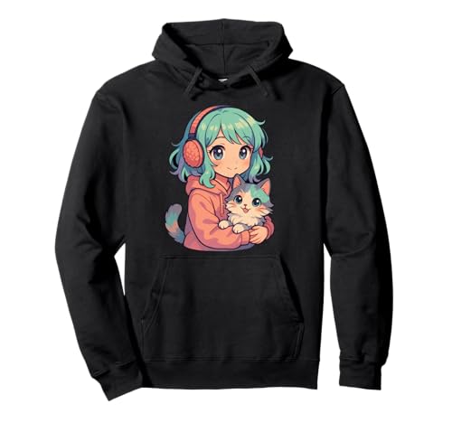 Anime Kawaii Mädchen mit Katze Pullover Hoodie von Kawaii Anime Girl Cosplay Outfits Present
