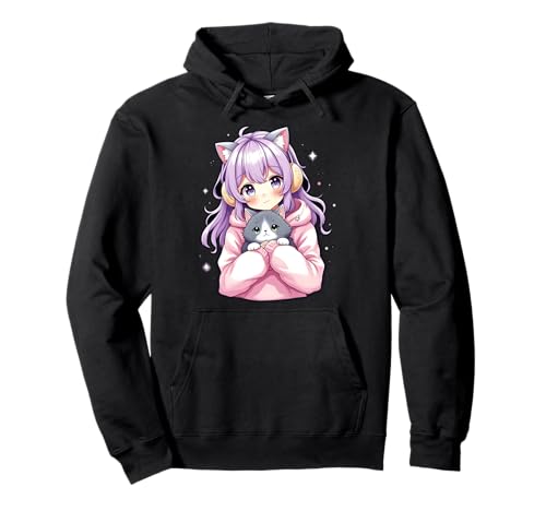 Anime Kawaii Mädchen mit Katze Pullover Hoodie von Kawaii Anime Girl Cosplay Outfits Present
