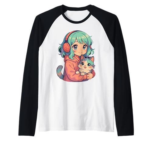 Anime Kawaii Mädchen mit Katze Raglan von Kawaii Anime Girl Cosplay Outfits Present