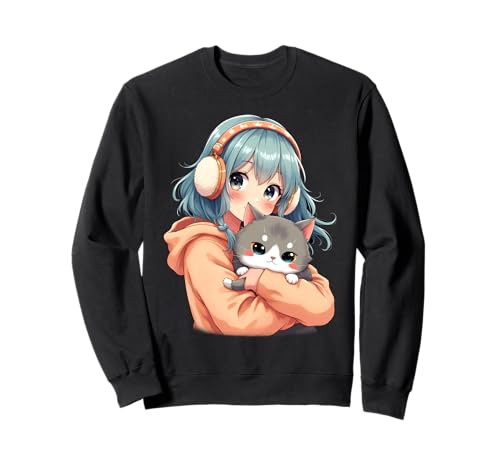 Anime Kawaii Mädchen mit Katze Sweatshirt von Kawaii Anime Girl Cosplay Outfits Present